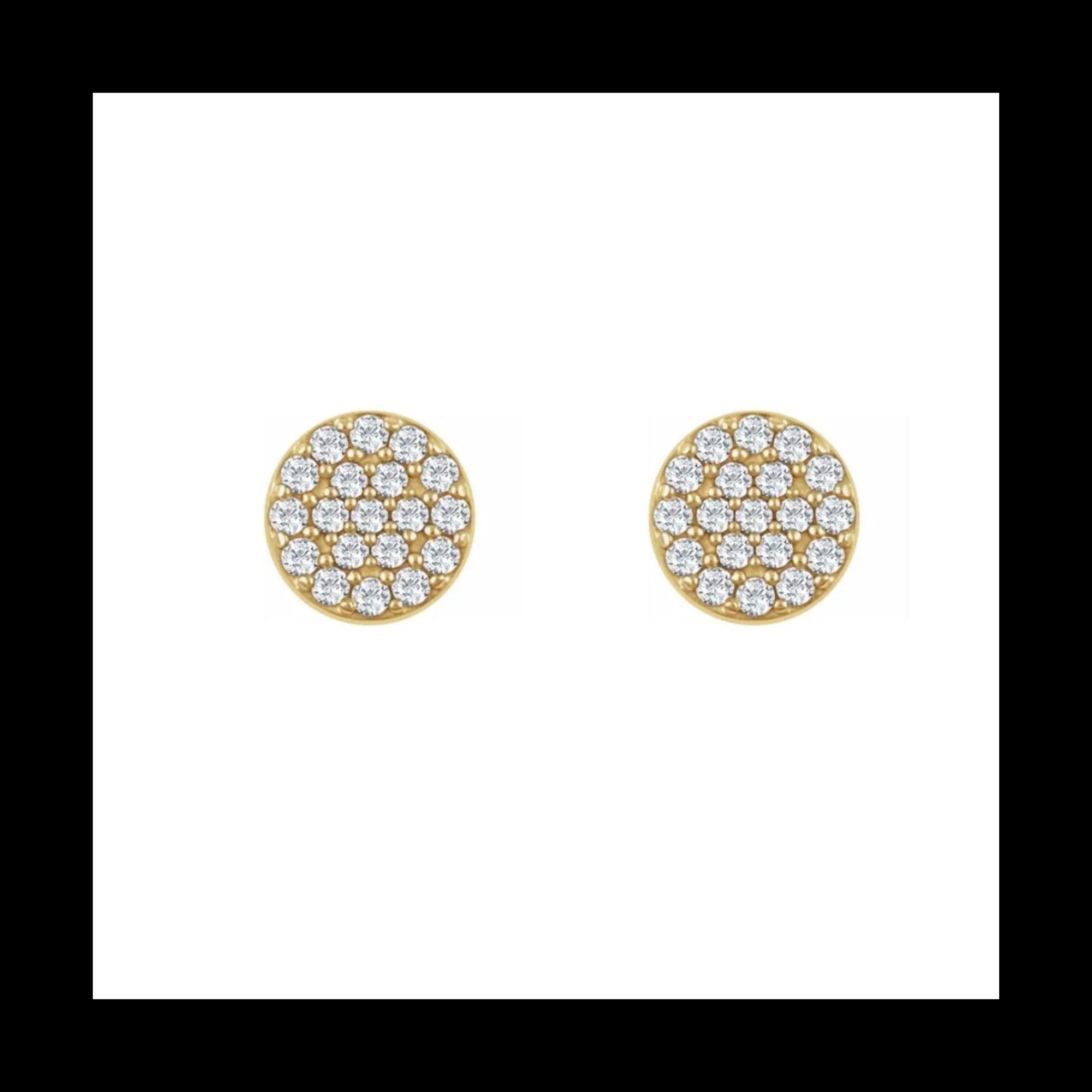 14K yellow gold Round Pavé Diamond Earrings on a white background by Camille Jewelry