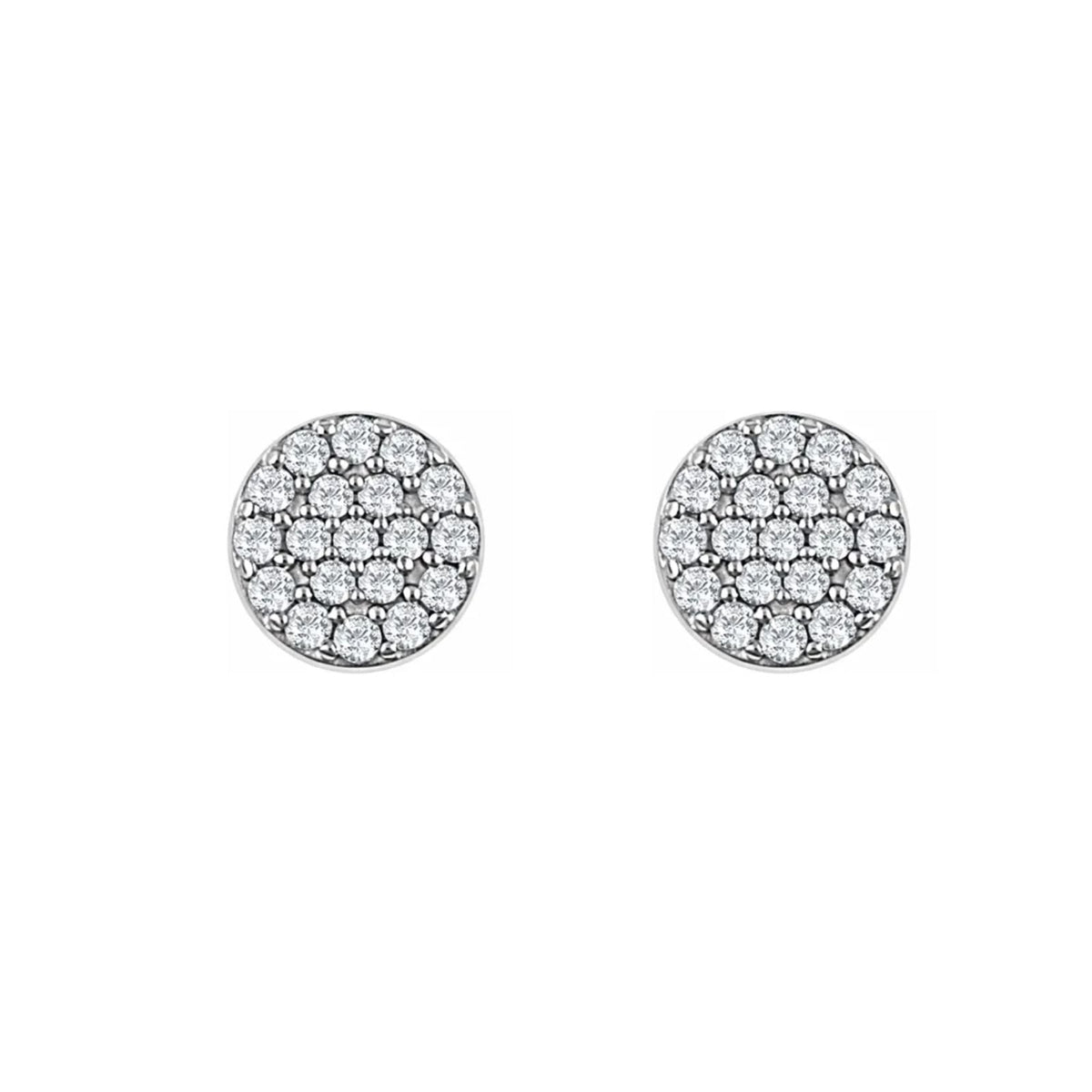 14K white gold Round Pavé Diamond Earrings on a white background by Camille Jewelry