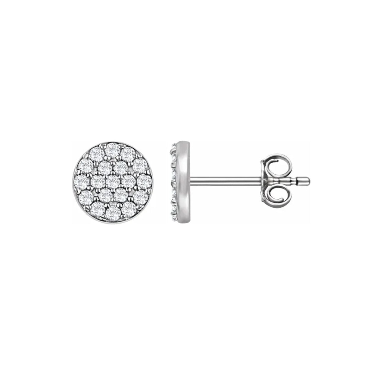 14K white gold Round Pavé Diamond Earrings in 14K white gold on a white background by Camille Jewelry