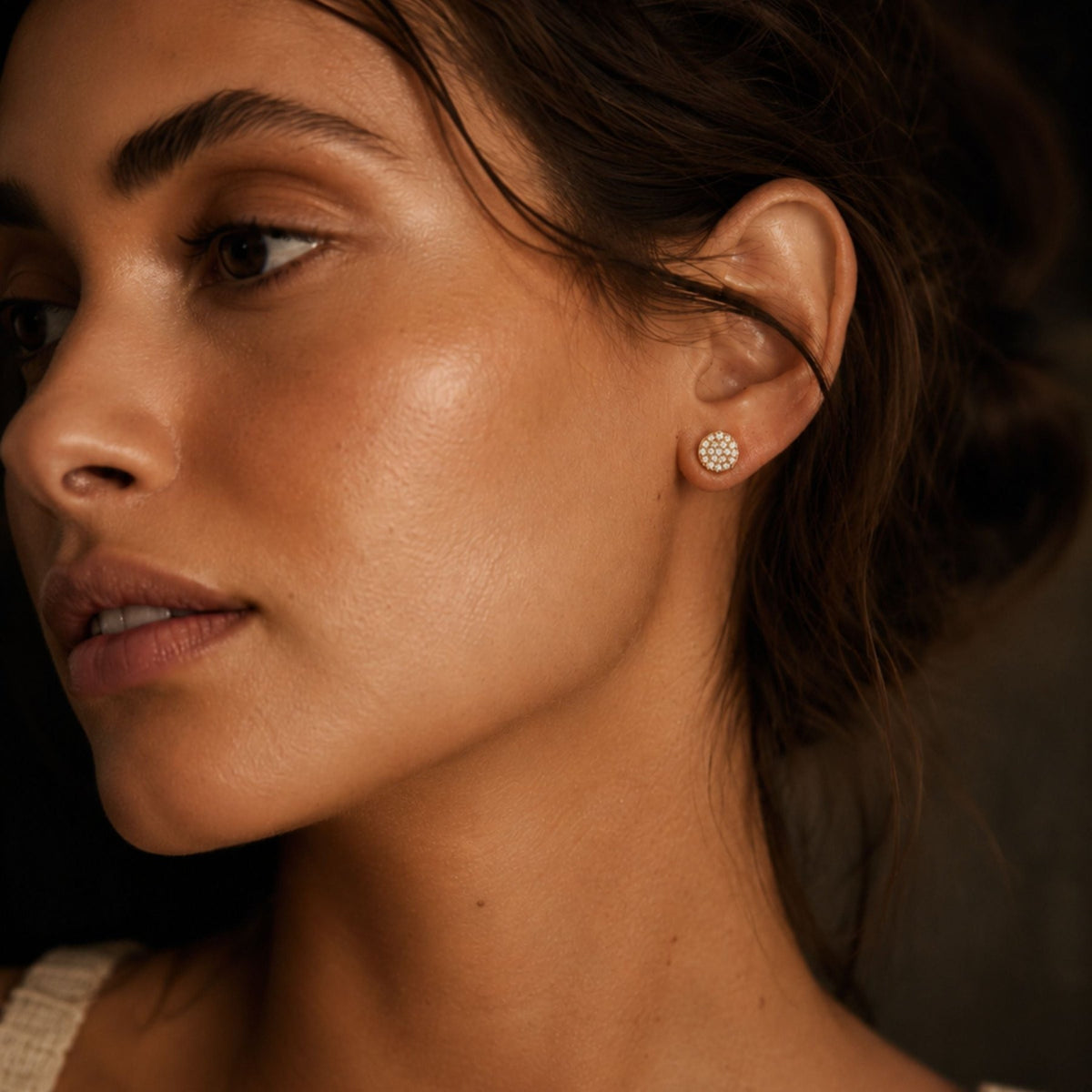 Round Pavé Diamond Stud Earrings in 14K Gold - Camille Jewelry