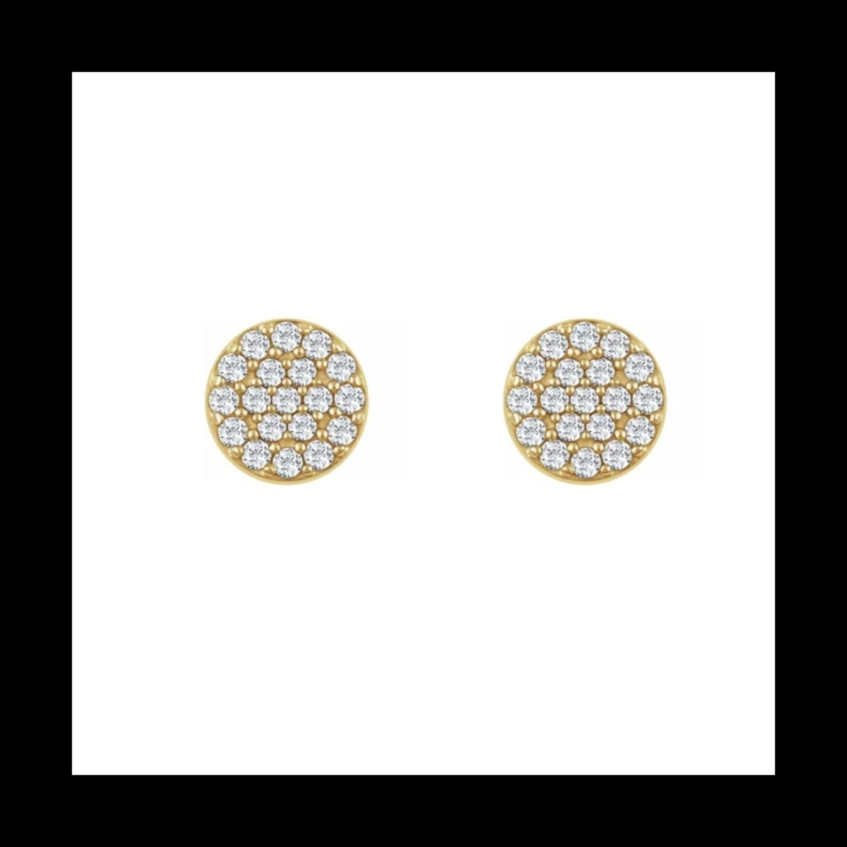 14K yellow gold Round Pavé Diamond Earrings on a white background by Camille Jewelry