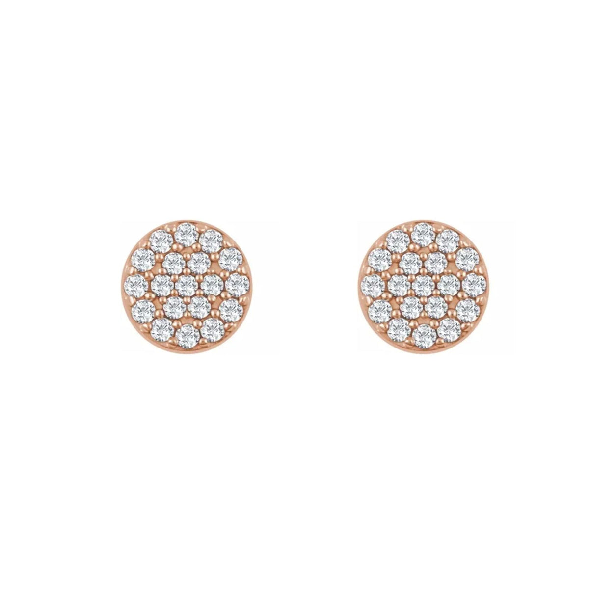 14K rose gold Round Pavé Diamond Earrings on a white background by  Camille Jewelry.