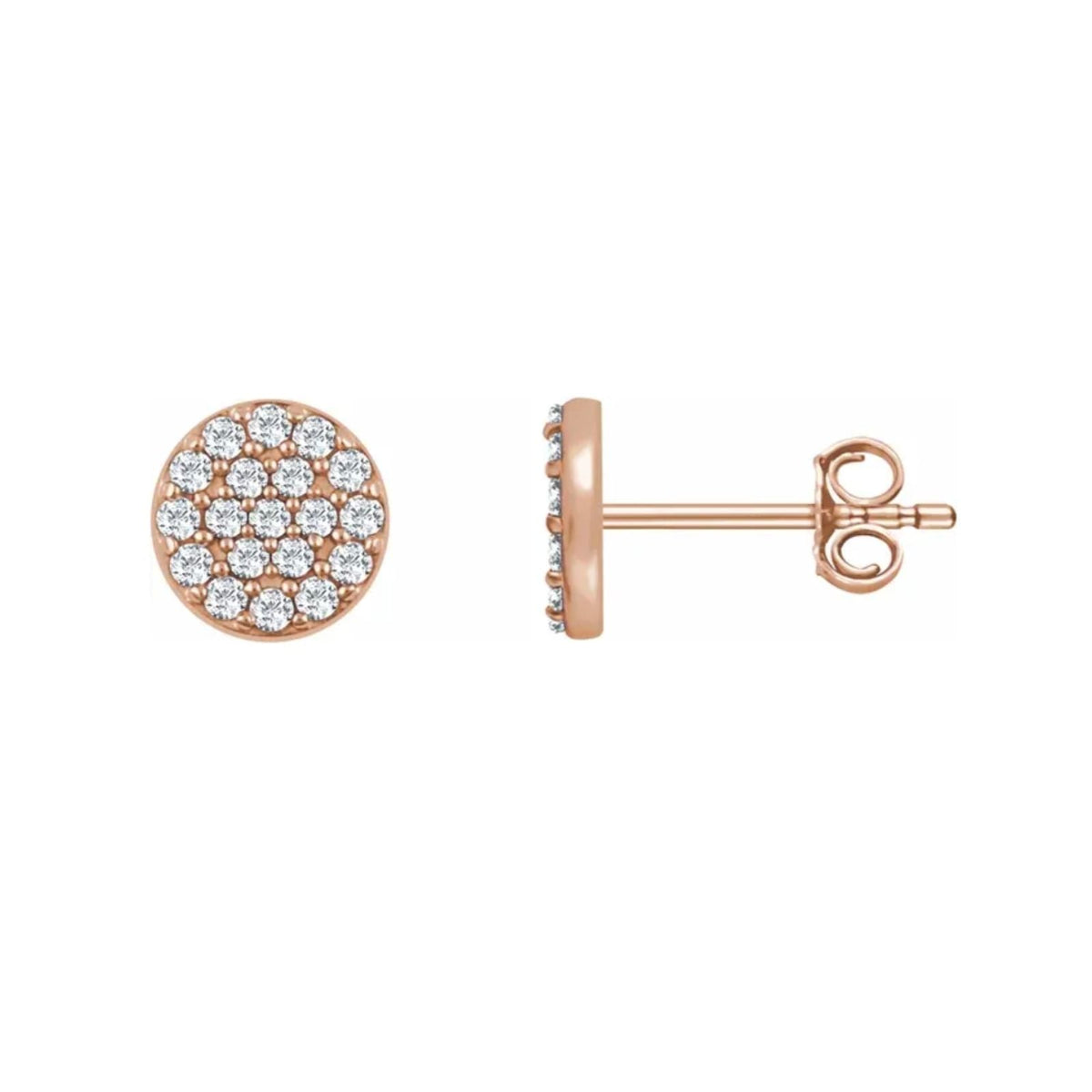 14K rose gold Round Pavé Diamond stud  Earrings on a white background by Camille Jewelry