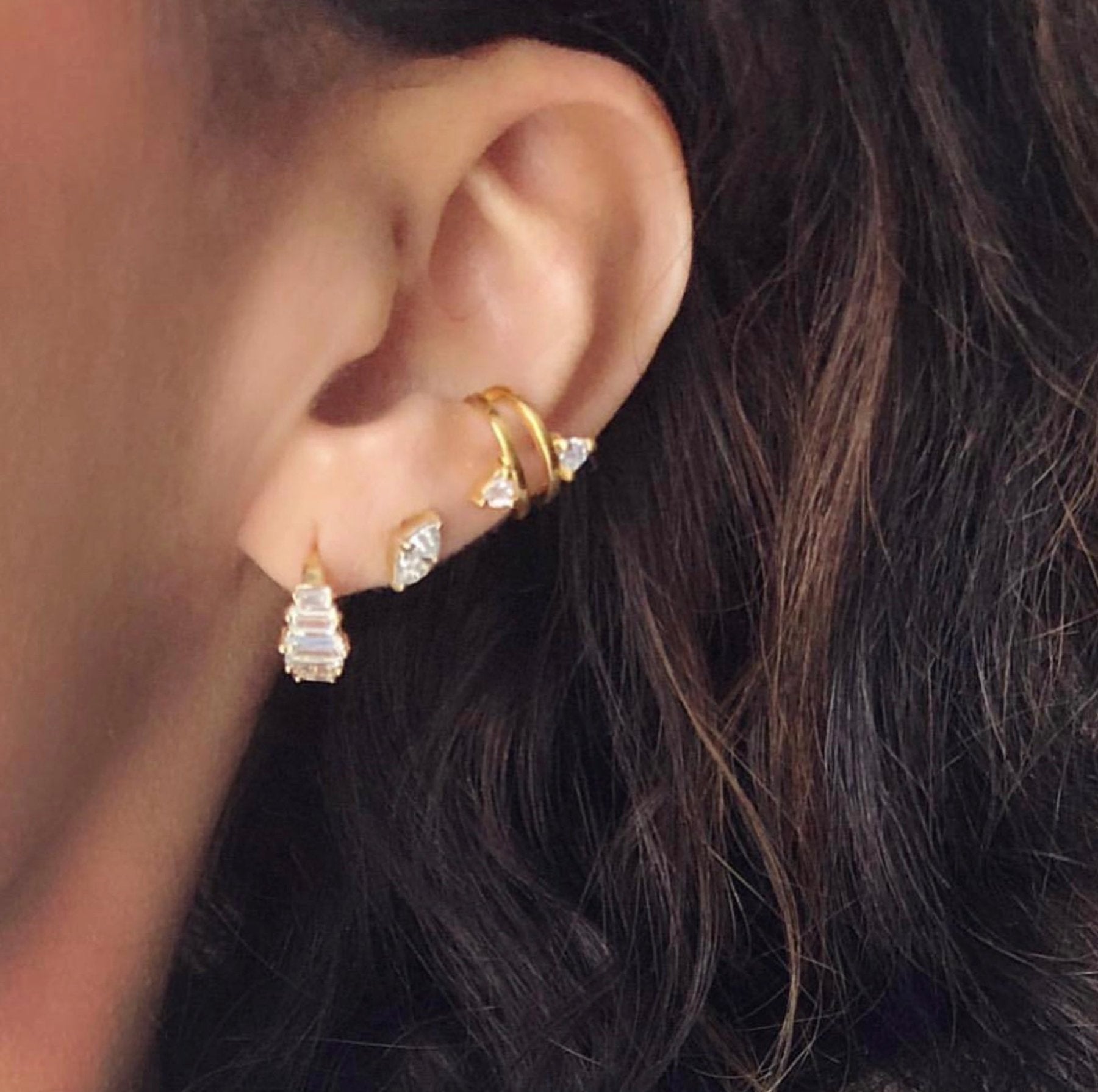 Sterling silver Double Trillion Ear Cuff on models ear– Semi-Fine Jewelry - Camille Jewelry