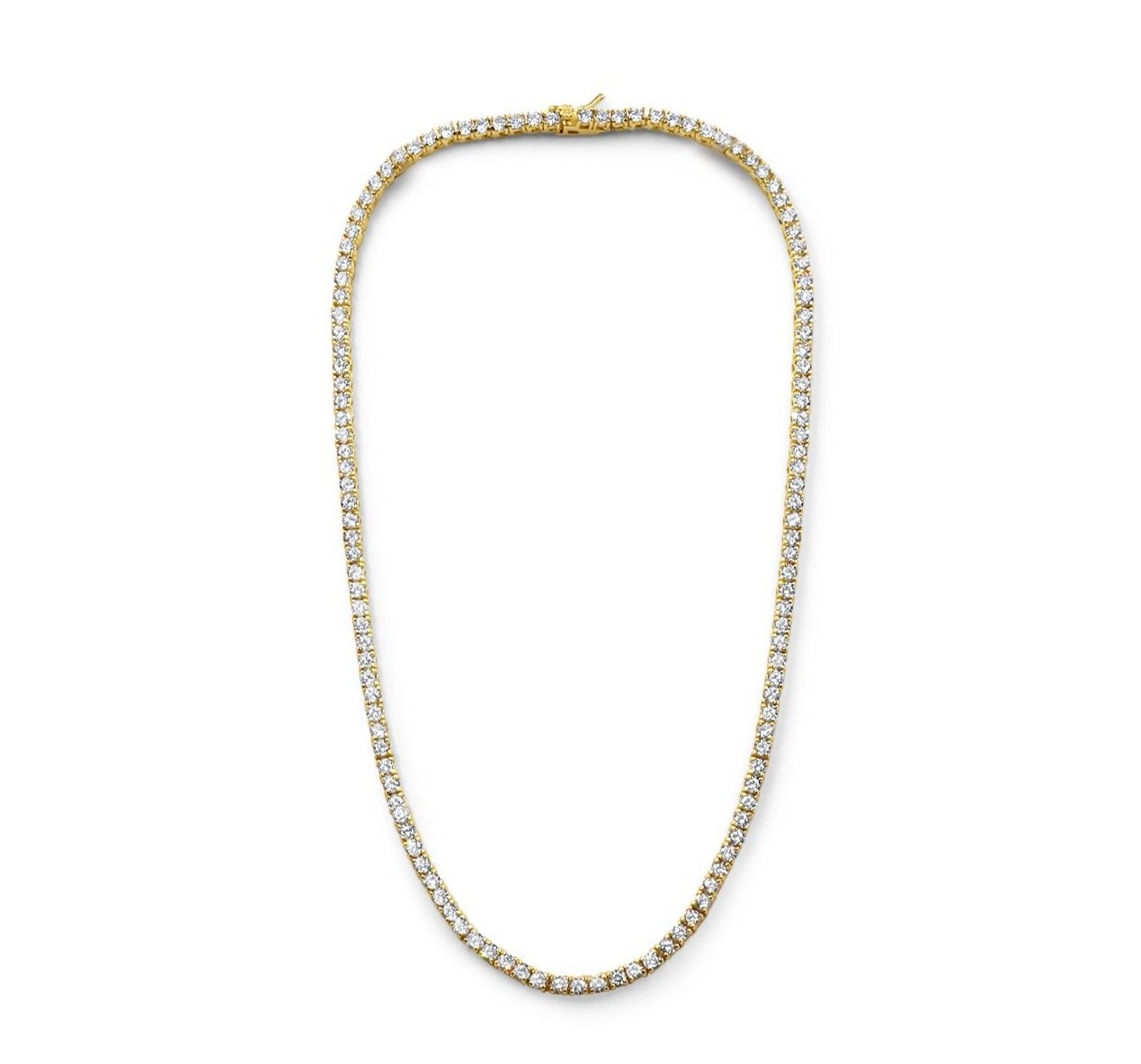 Modern tennis necklace in gold plated sterling silver with cubic zirconia on a white background by Camille Jewelry