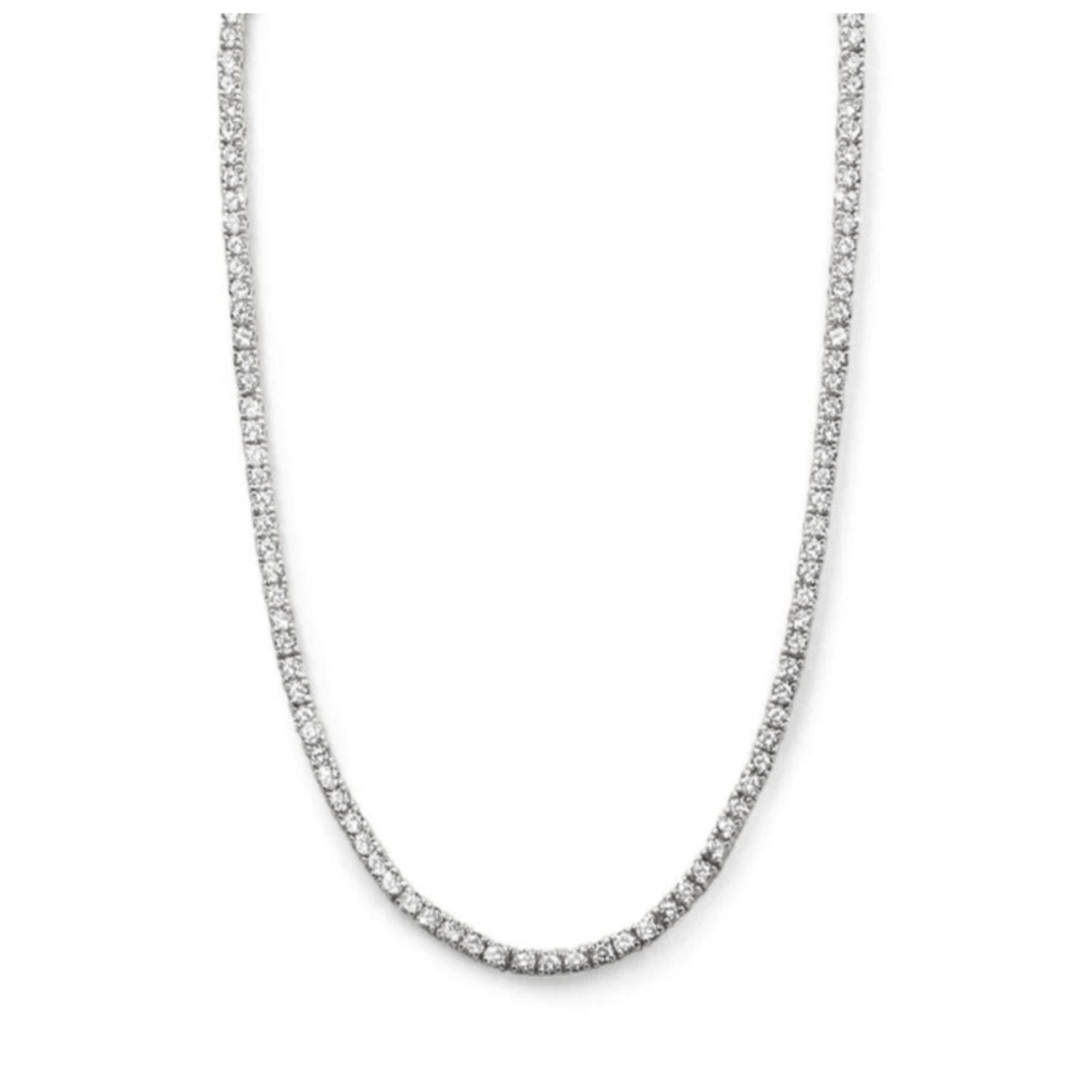 Modern tennis necklace in gold plated sterling silver with cubic zirconia on a white background by Camille Jewelry