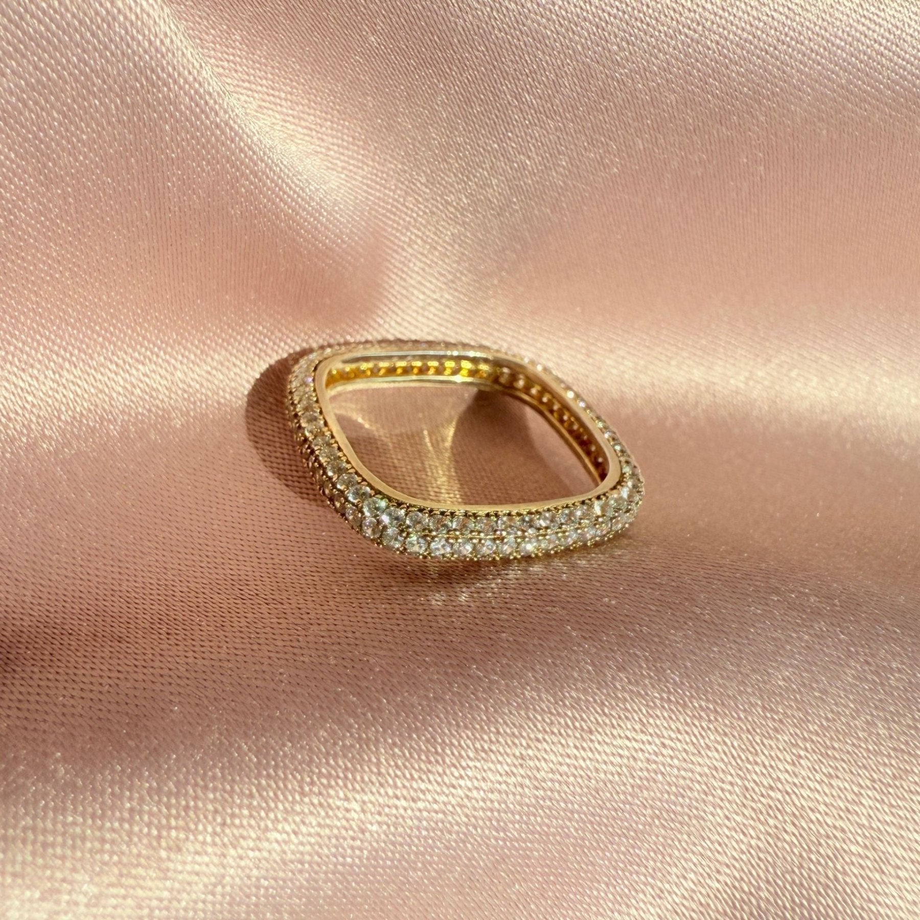 Close up view of a skinny square ring in gold plated sterling silver with 1mm pavé cubic zirconia by Camille Jewelry