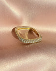 Close up view of a skinny square ring in gold plated sterling silver with 1mm pavé cubic zirconia by Camille Jewelry