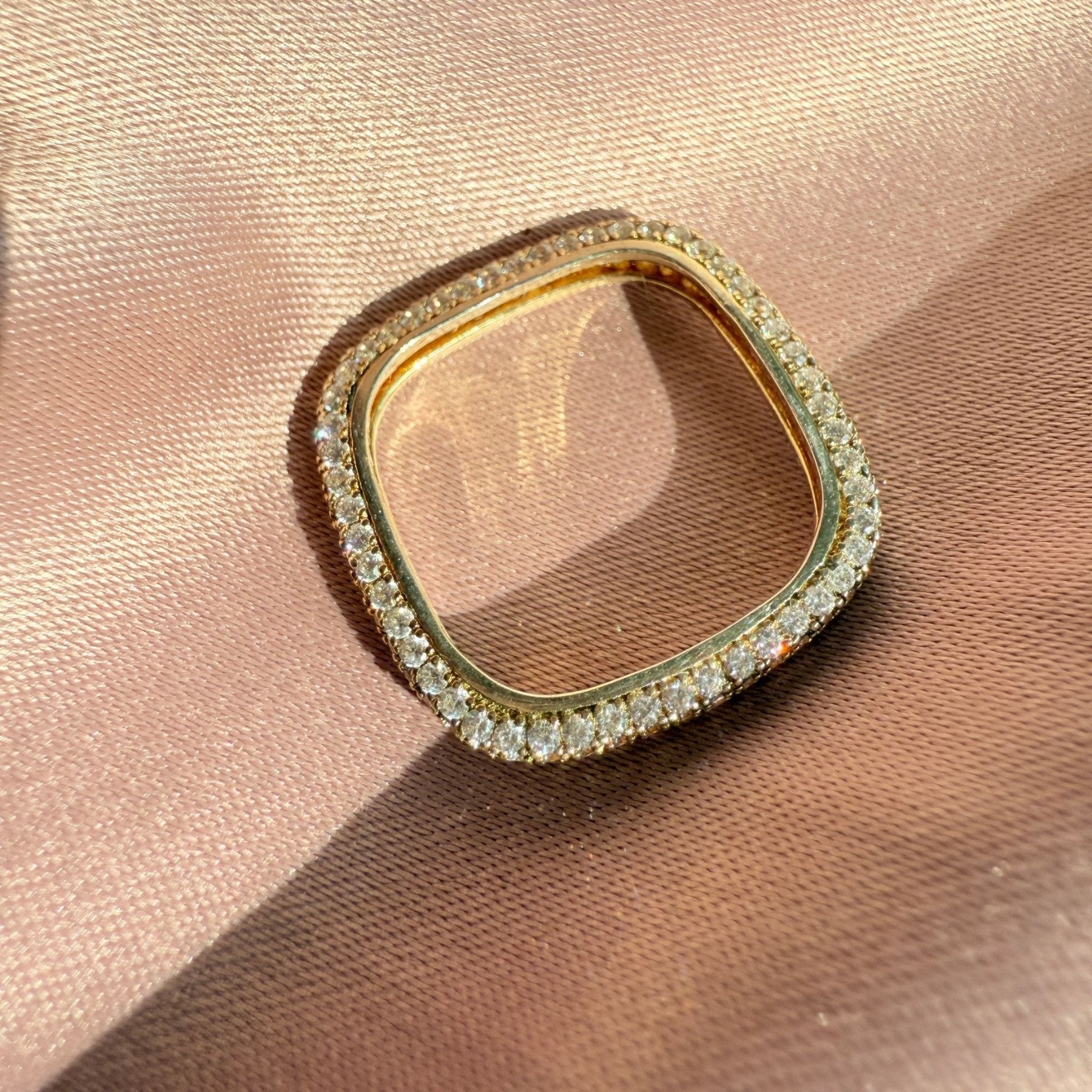 Close up of a skinny square ring in gold plated sterling silver with 1mm pavé cubic zirconia by Camille Jewelry
