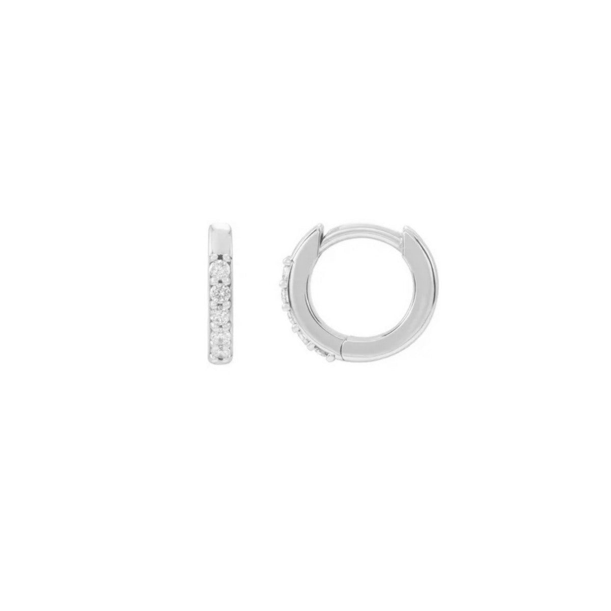 14K White gold Small Diamond Hoops on a white background- Camille Jewelry