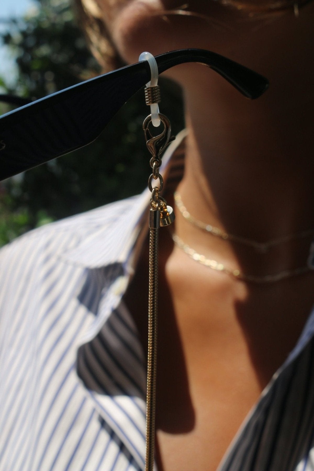 Convertible Snake Chain Necklace For Eyewear on model- Camille Jewelry