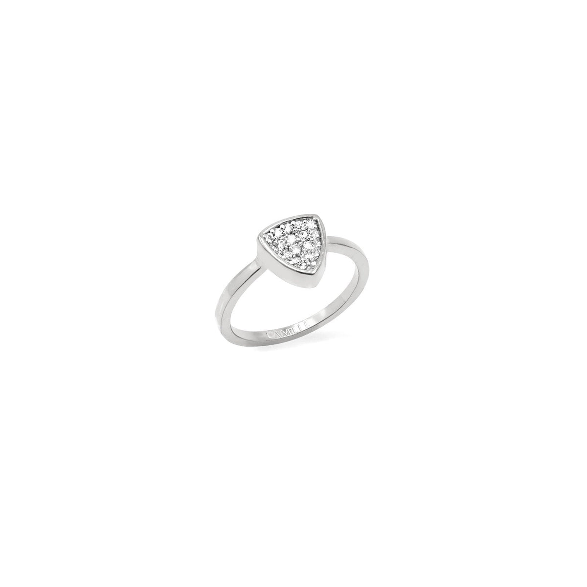 Silver Trillion Stackable Rings on a white background– Concave Pavé Everyday Bands - Camille Jewelry