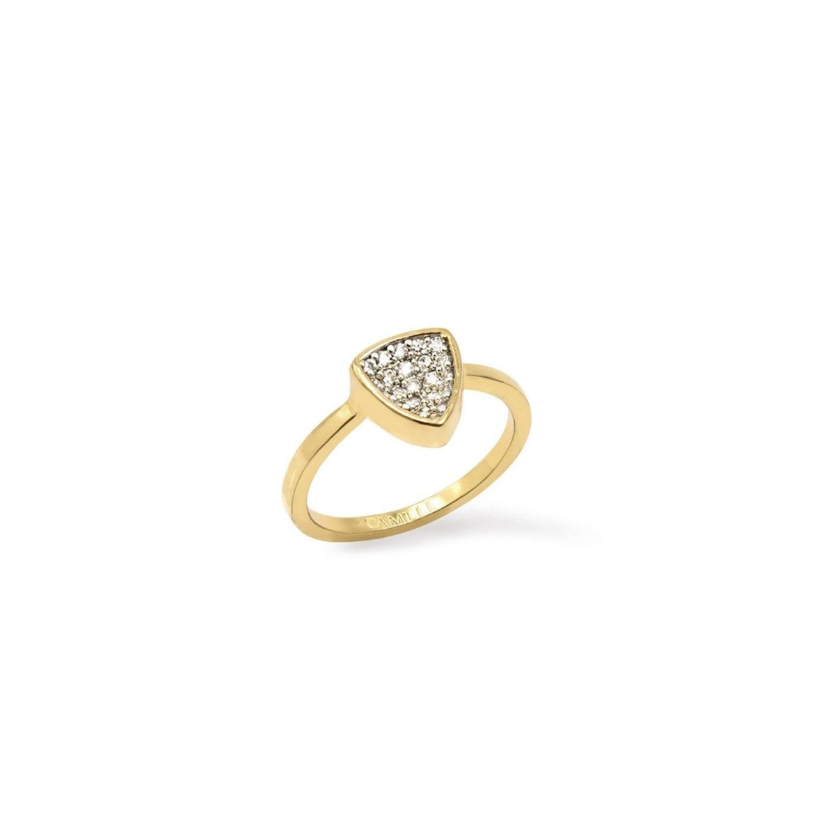 Gold Trillion Stackable Rings – Concave Pavé Everyday Bands on a white backgroubd - Camille Jewelry