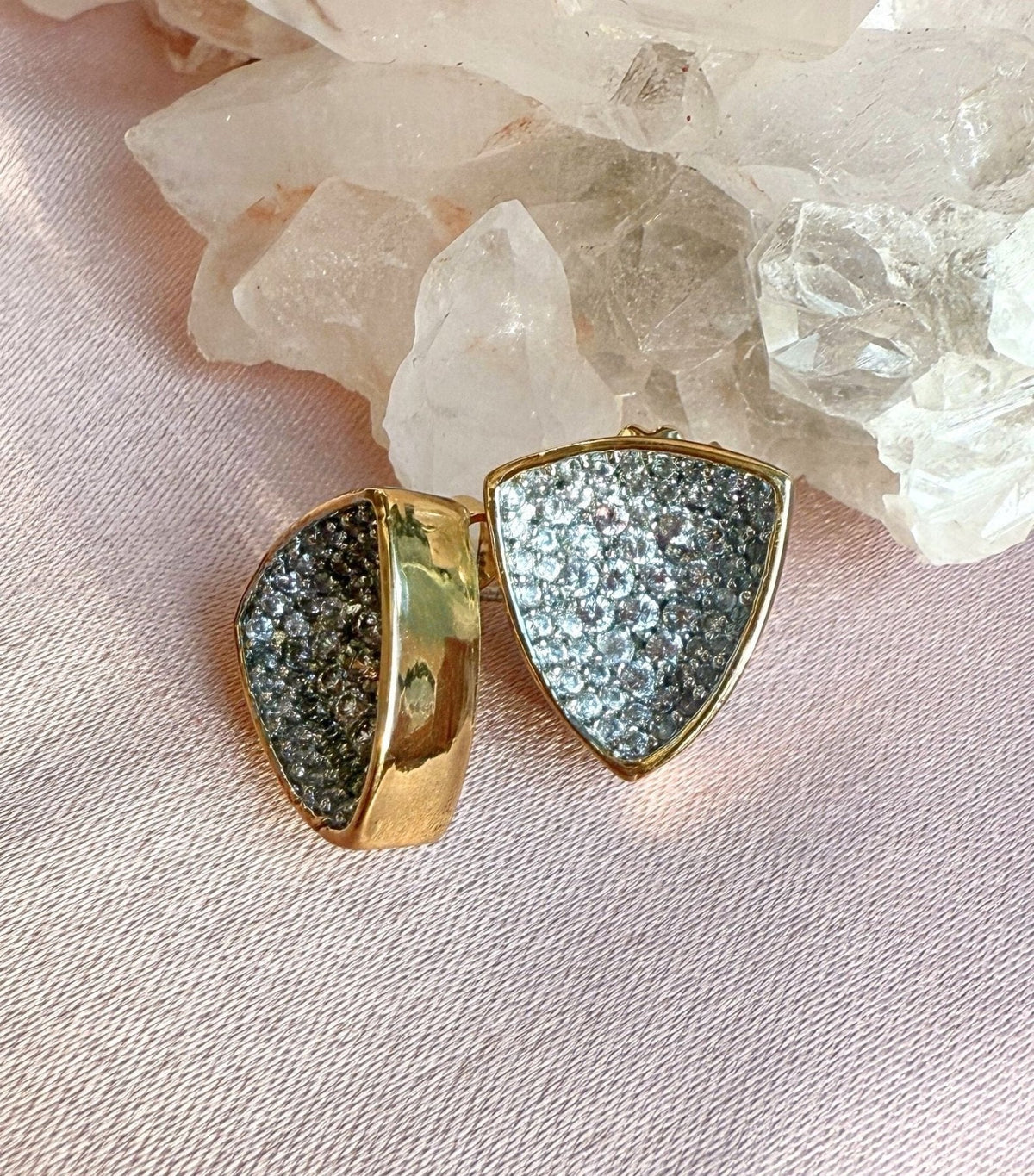 Statement Silver Earrings - Gold & Silver Concave Pave Studs - Camille Jewelry