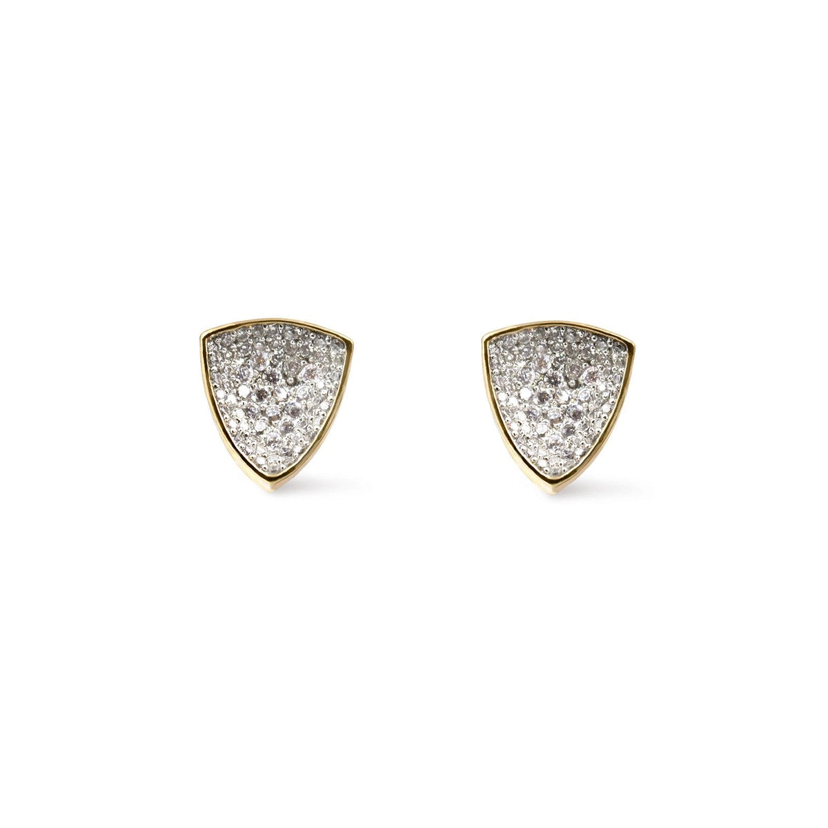 Trillion Gold Stud Earrings with Concave Pavé Sparkle on a white background- Camille Jewelry