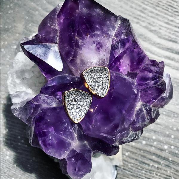 Gold Trillion Stud Earrings – Concave Pavé Sparkle on an amethyst display- Camille Jewelry