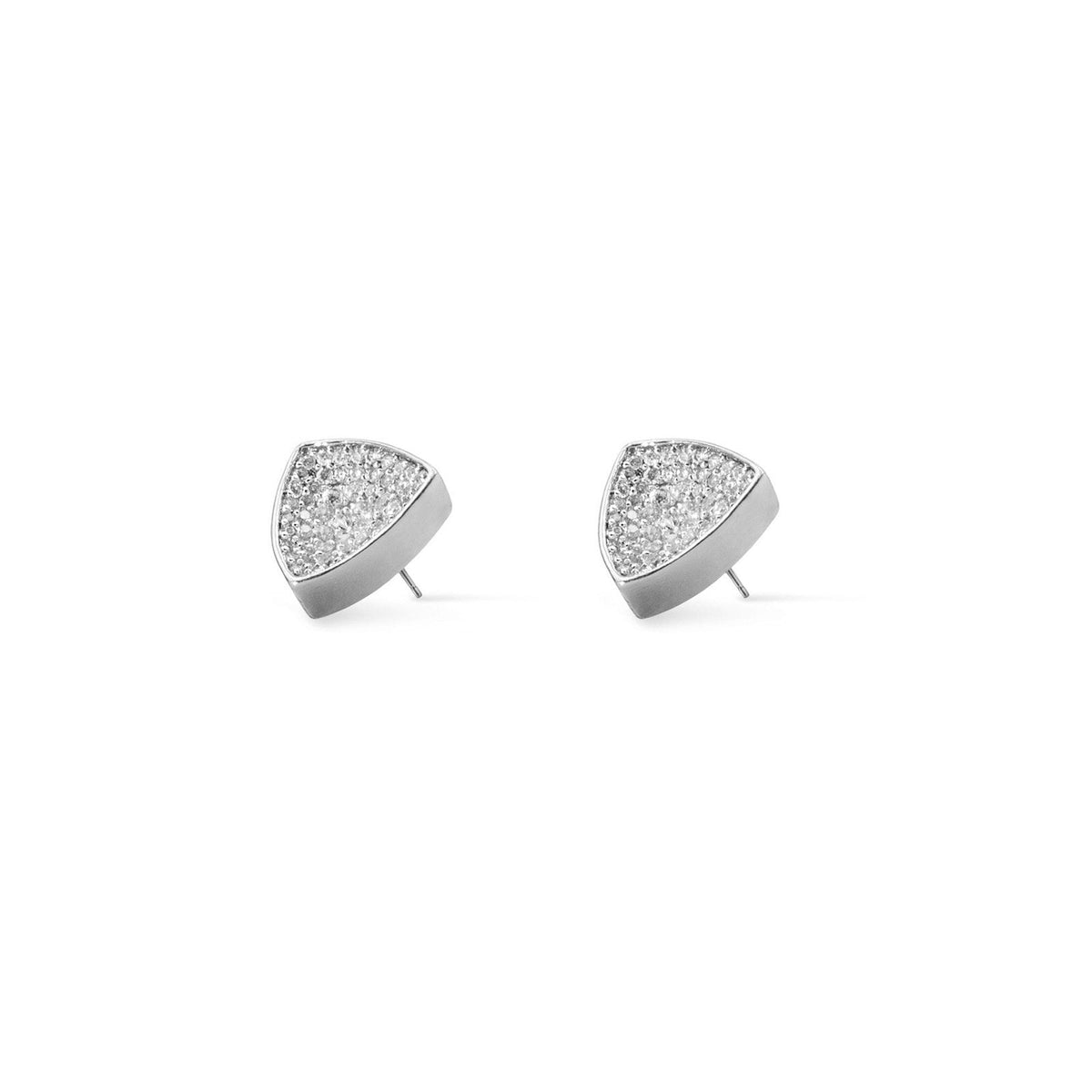 Silver Stud Trillion Earrings Concave Pavé Sparkle on a white background- Camille Jewelry