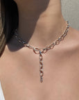 Sterling Silver Braided Texture Oval Link Necklace worn as a Y neck style on model - Camille Jewelry