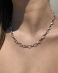 Sterling Silver  Braided Texture Oval Link Necklace On Model- Camille Jewelry