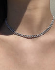 Sterling Silver Pave Curb Link Chain Necklace worn as a choker style on a models neck–Camille Jewelry