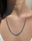Sterling Silver Pave Curb Link Chain Necklace worn as a long style on a models neck–Camille Jewelry
