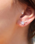 Sterling Silver Star Pave Stud Earrings On Model - Camille Jewelry
