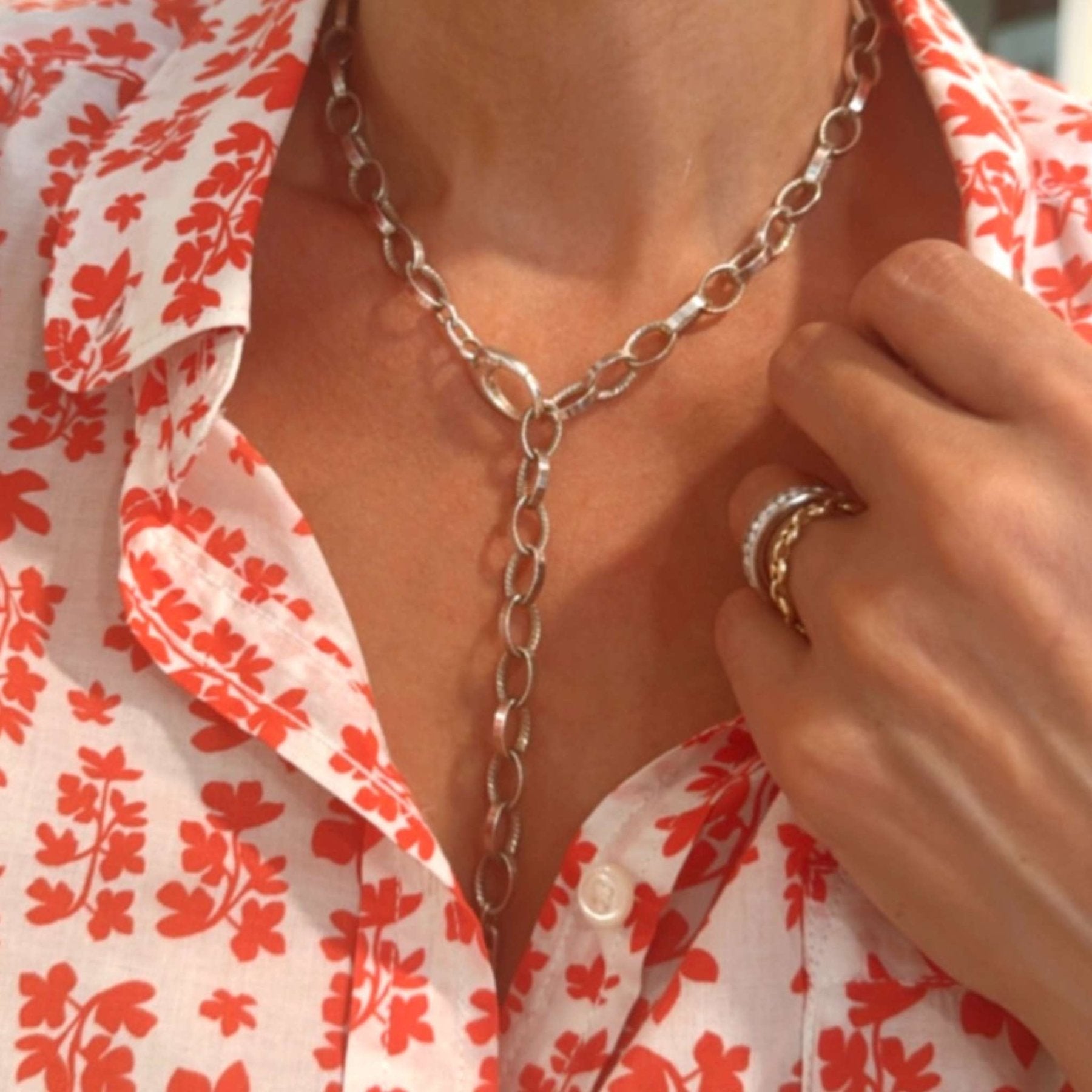 Sterling Silver Textured Link Necklace – Adjustable Modern Chain - Camille Jewelry