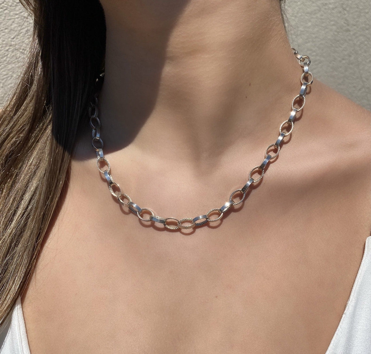 Sterling Silver  Braided Texture Oval Link Necklace On Model- Camille Jewelry