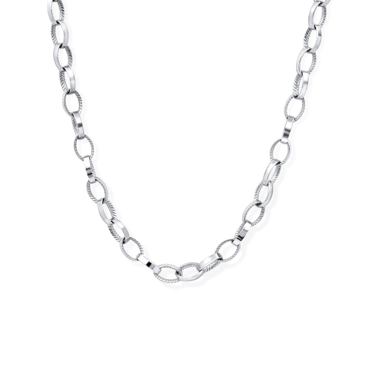 Sterling Silver Braided Texture Oval Link Necklace on a white background - Camille Jewelry