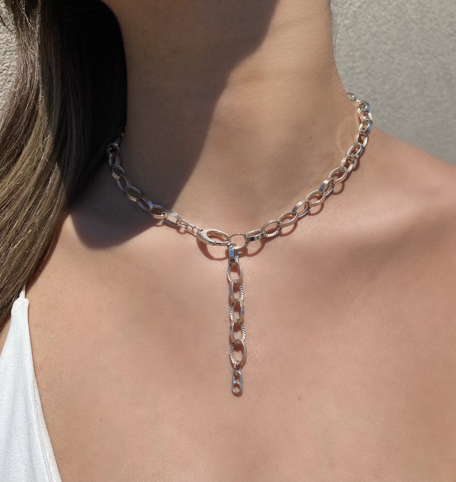 Sterling Silver Textured Link Necklace | Adjustable Chain