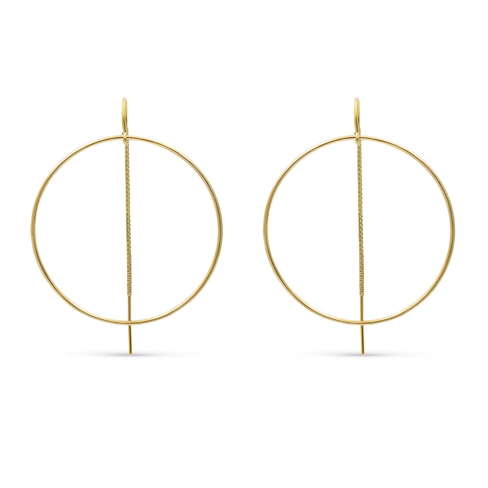 Threader hoop earrings in 14K gold filled with a pull through chain on a white background by Camille Jewelry