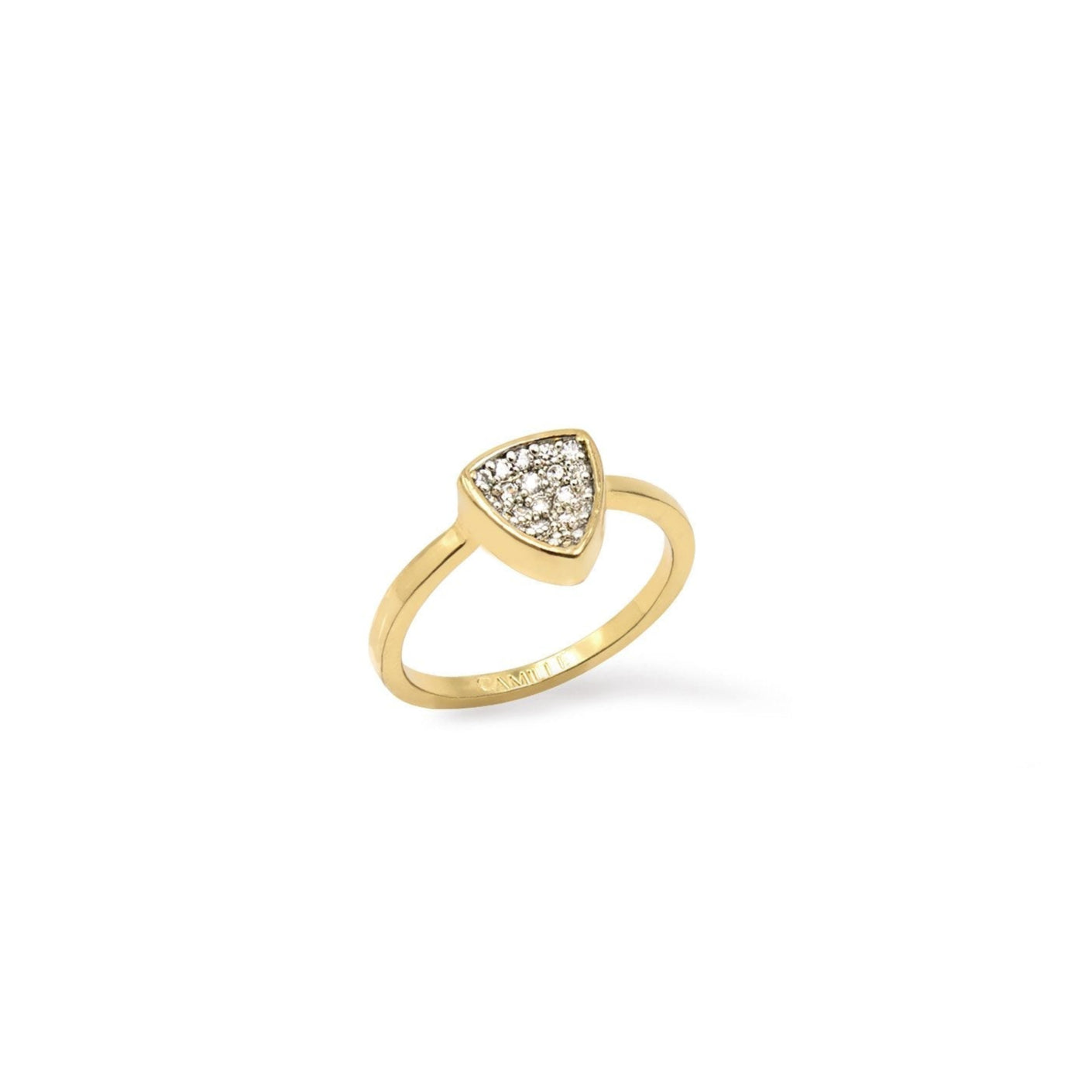 Gold Trillion Stackable Rings – Concave Pavé Everyday Bands on a white backgroubd - Camille Jewelry