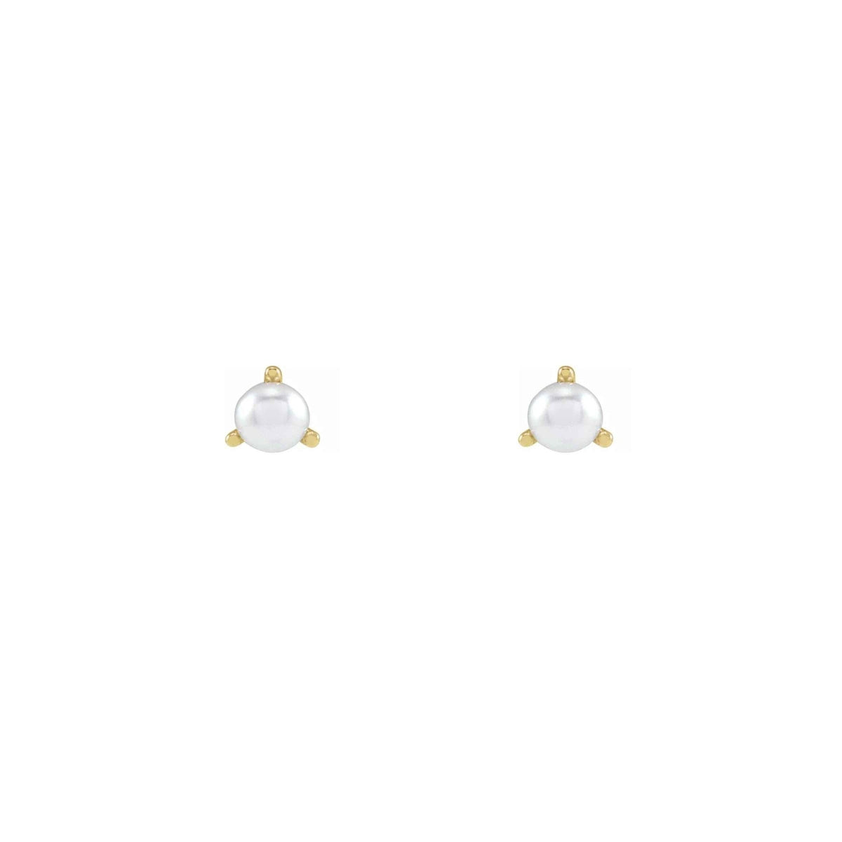 Tiny pearl stud earrings in 14K yellow gold on a white background front view by Camille Jewelry