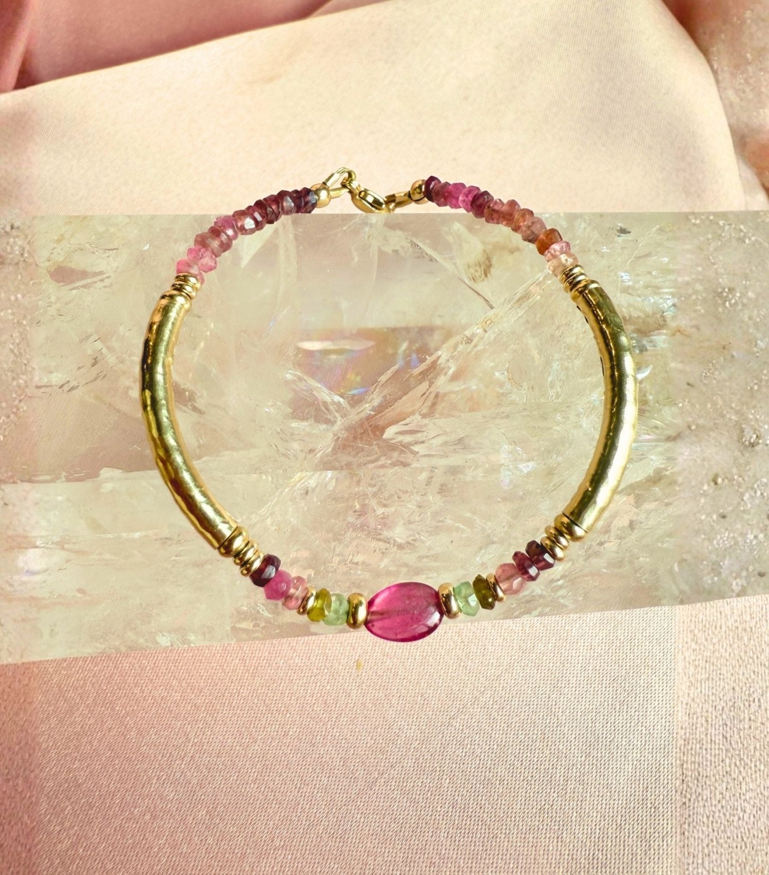 Tourmaline Bracelet in 14K Gold Filled with Watermelon Tourmaline and Pearl - Camille Jewelry