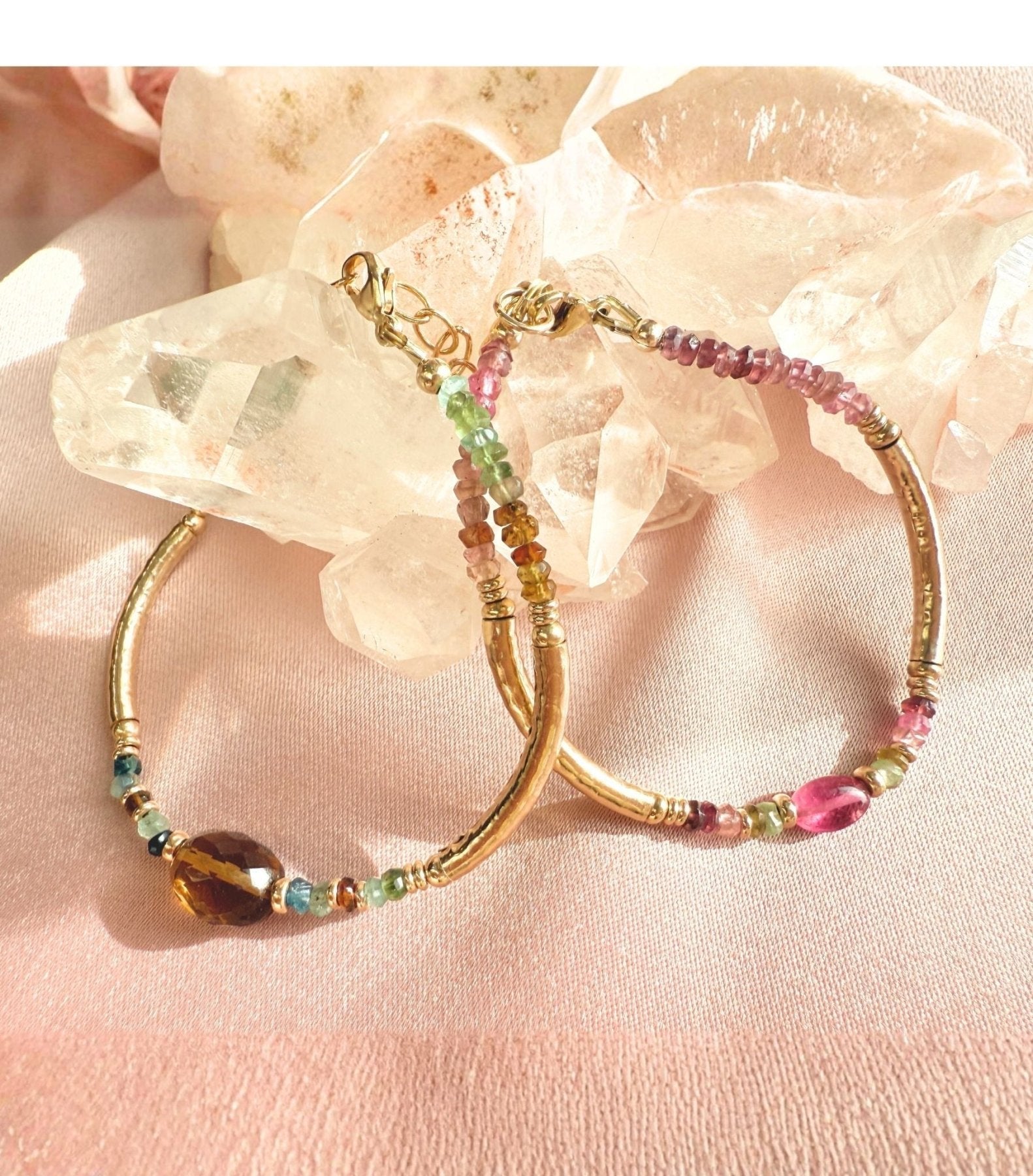 Tourmaline Bracelet in 14K Gold Filled with Watermelon Tourmaline and Pearl - Camille Jewelry