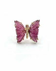 Pink Tourmaline & Diamond Butterfly Ring on a white background – 14K Gold Hand-Carved Statement Jewelry - Camille Jewelry