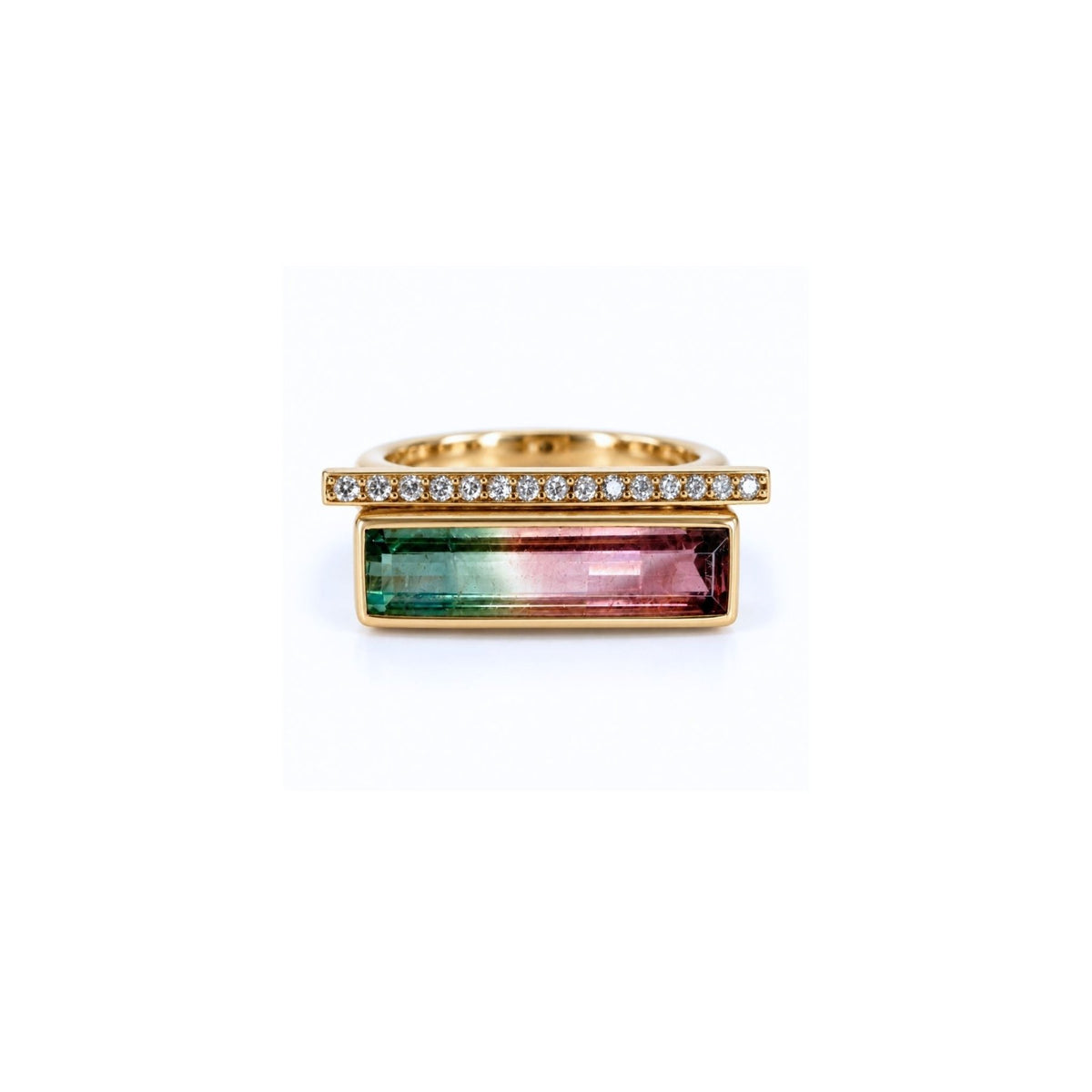 14K gold watermelon tourmaline gemstone ring with natural diamond bar on a white background by Camille Jewelry