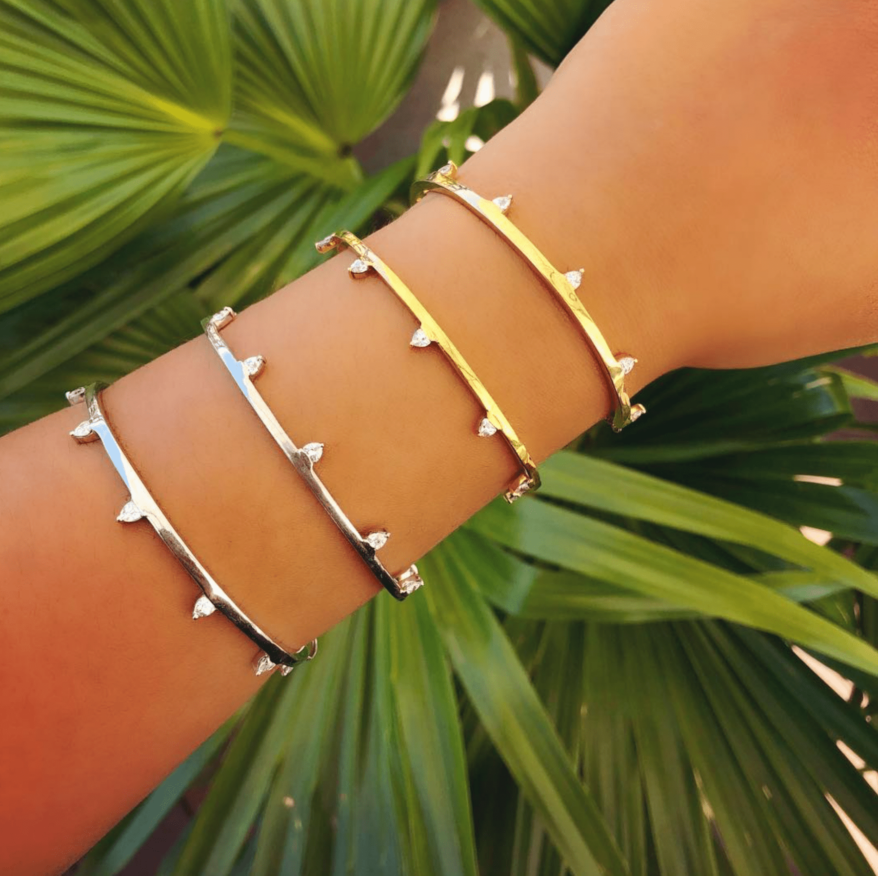 Gold Vermeil & Sterling silver Trillion Cuff Bracelet on a models wrist - Camille Jewelry
