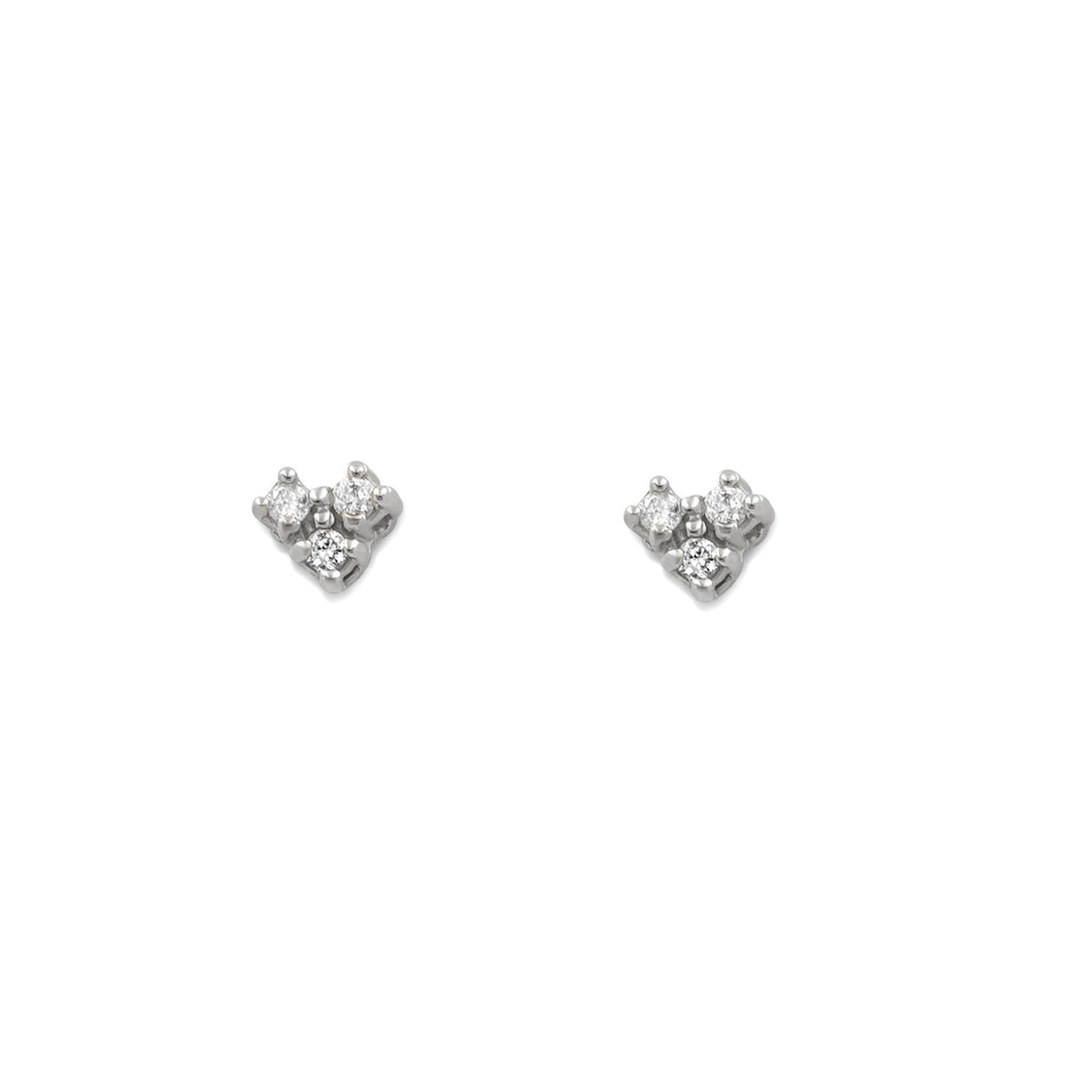 Small Diamond Stud Earrings – 14K white Gold Mini Trio Diamond on a white background - Camille Jewelry